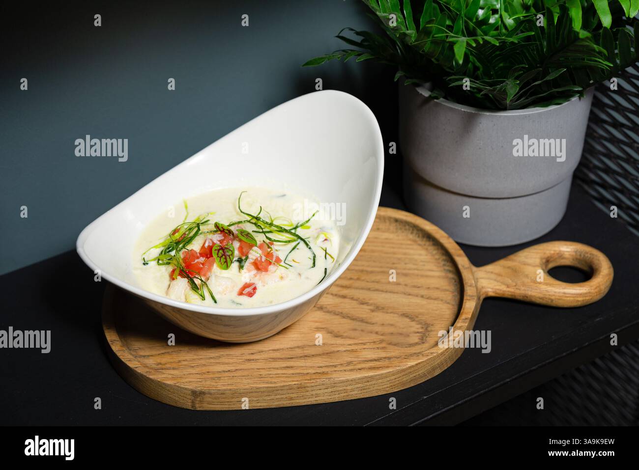 Elegante ciotola bianca di zuppa cremosa guarnita con pomodori a dadini ed erbe aromatiche, servita su una tavola di legno accanto a una pianta in vaso. Foto Stock