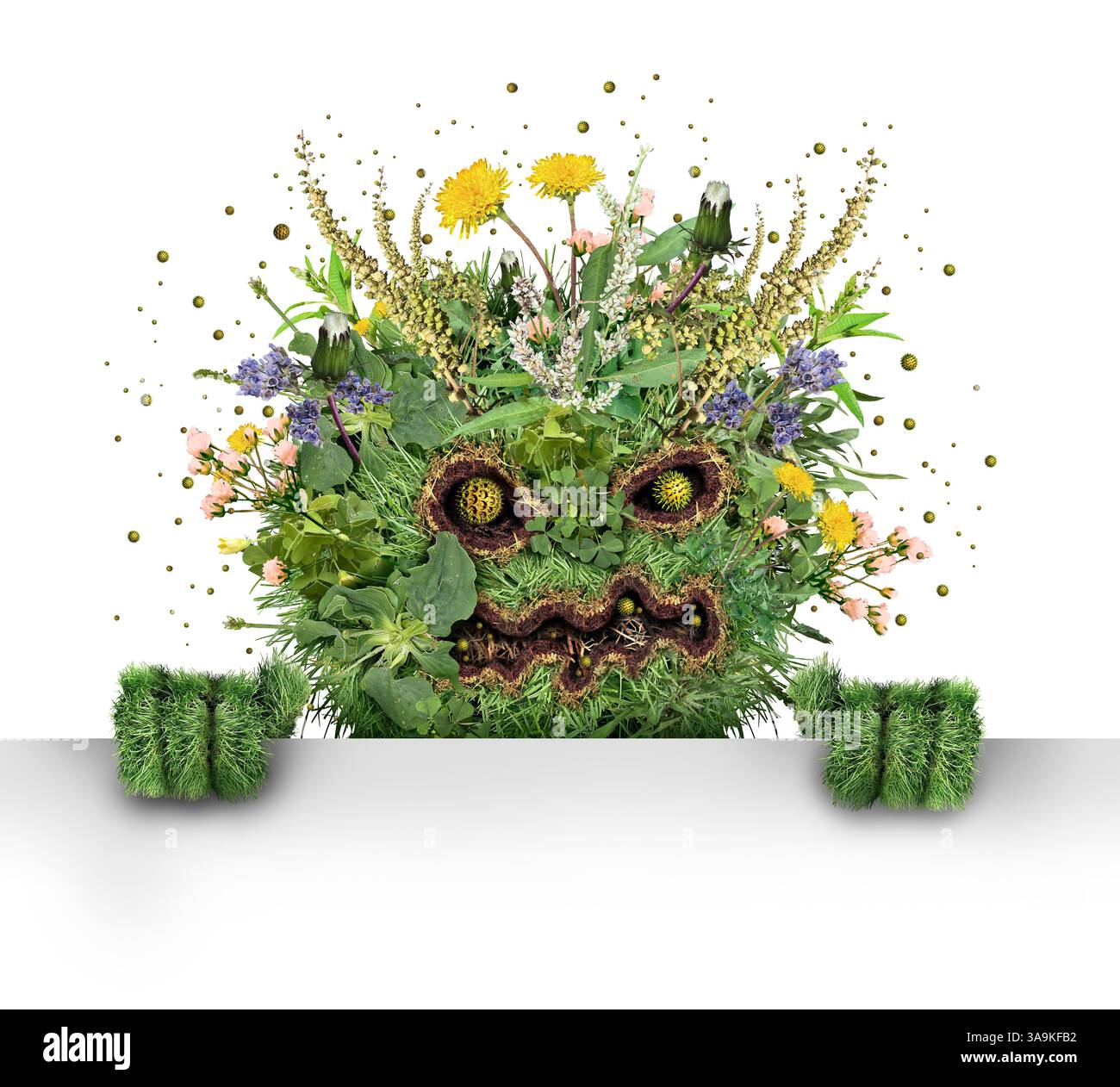 Allergie stagionali Monster segno orizzontale come simbolo di allergia in primavera e autunno con polline che causa starnuti congestione e prurito agli occhi con r Foto Stock