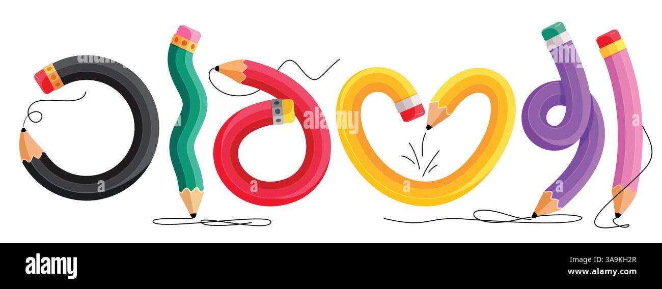 Design del set clipart con elementi colorati a matita. Collezione di clip art con penne da scuola e elementi da scrittura in stile curvo, a forma di cuore, cravatta e a spirale Illustrazione Vettoriale