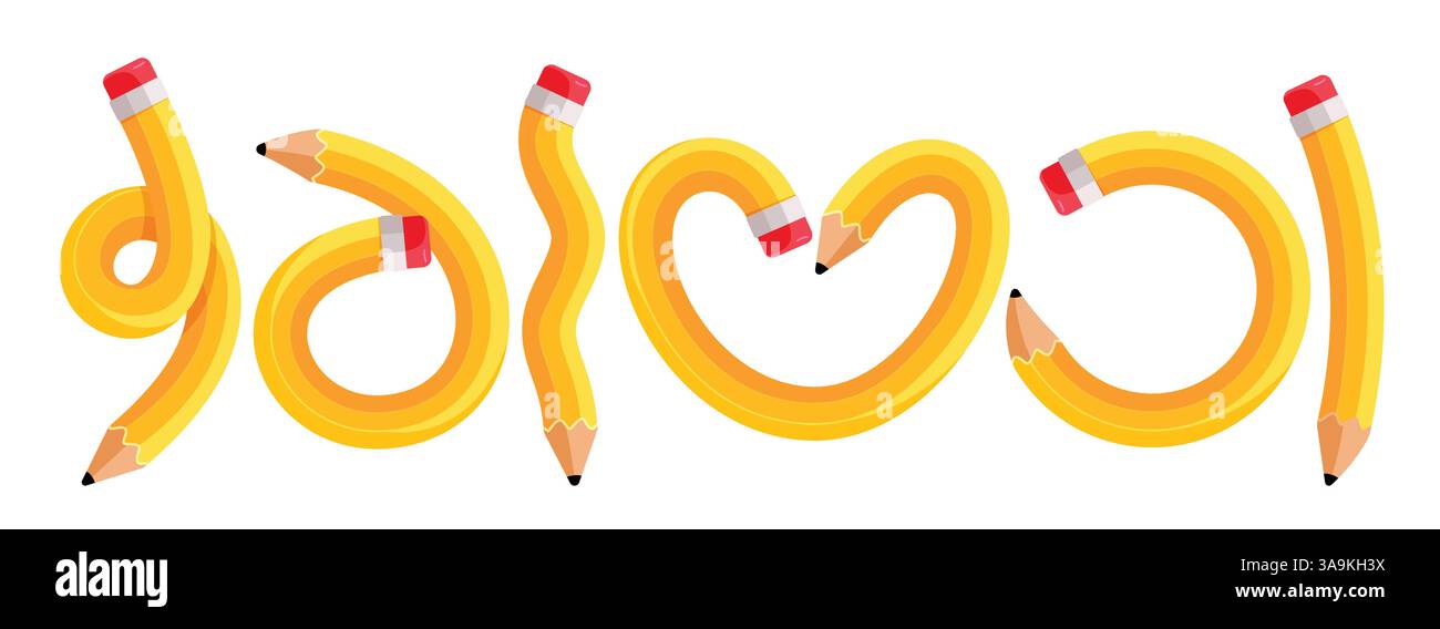 Design set clipart elementi a matita gialli. Collezione di clip art con penne da scuola e elementi da scrittura in stile curvo, a forma di cuore, cravatta e a spirale Illustrazione Vettoriale
