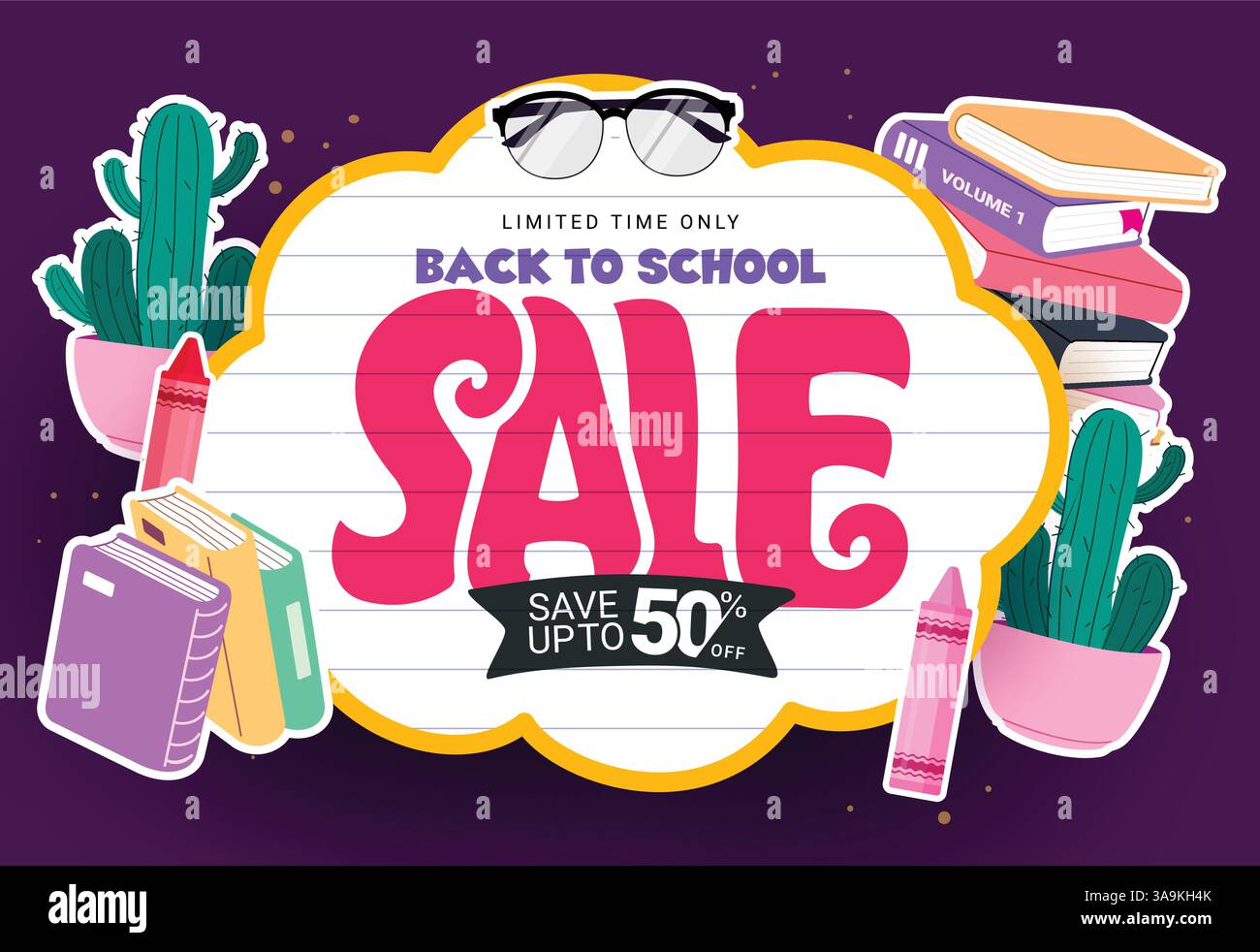 Design banner clipart Back to School. Sconti scolastici per un periodo limitato 50% di sconto su adesivi libri di testo didattici ed elementi di disegno cactus Illustrazione Vettoriale
