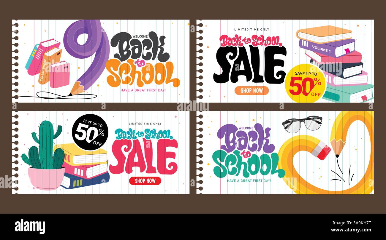 Design del set di banner clipart Back to School. Bentornati alla collezione di articoli di saluto scolastici e clip di testo in vendita sullo sfondo dello spazio di carta per notebook Illustrazione Vettoriale