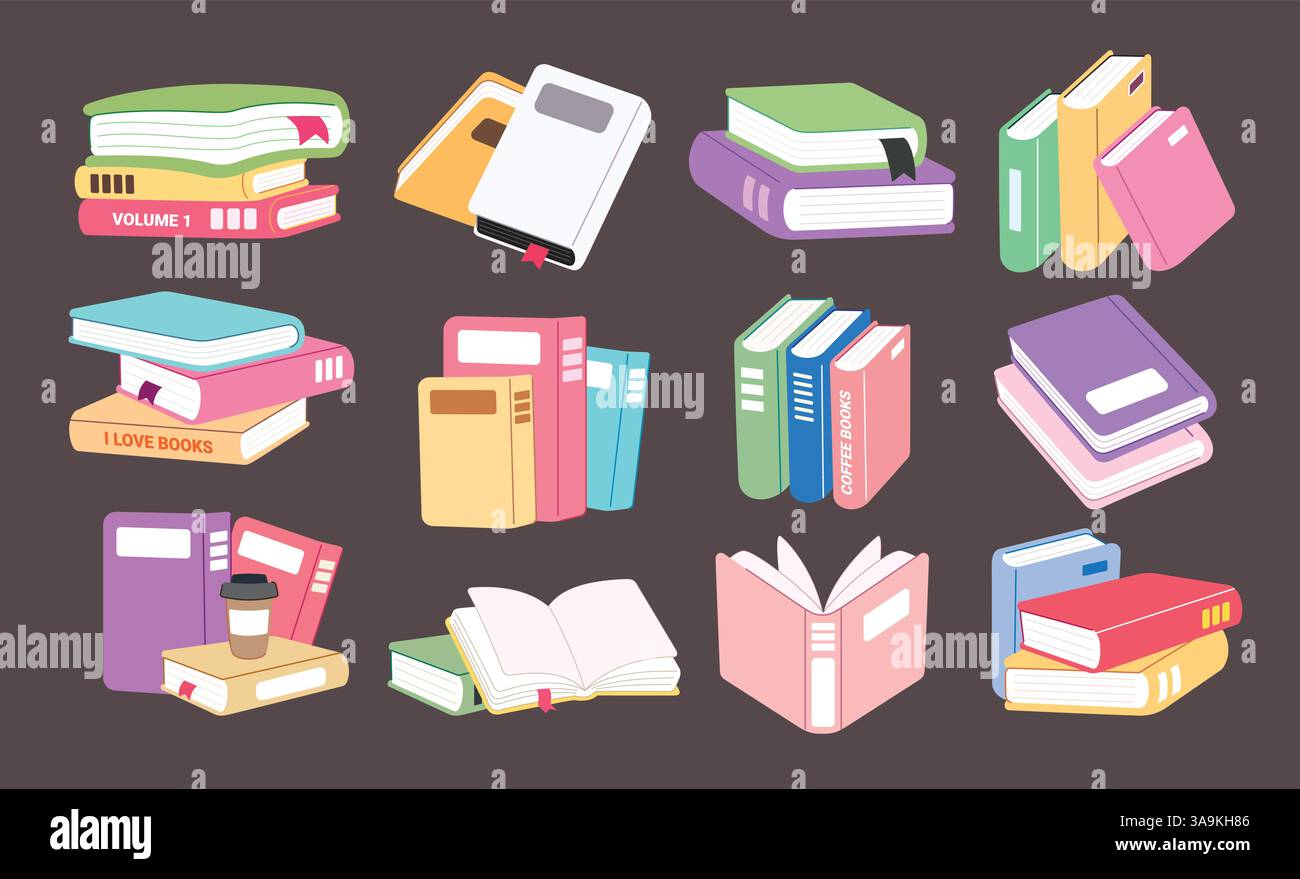 Libri che disegnano un set di clipart colorato. Clip art da libro di testo scolastico per la biblioteca didattica degli studenti pile di libri che imparano la collezione di simboli nel buio Illustrazione Vettoriale