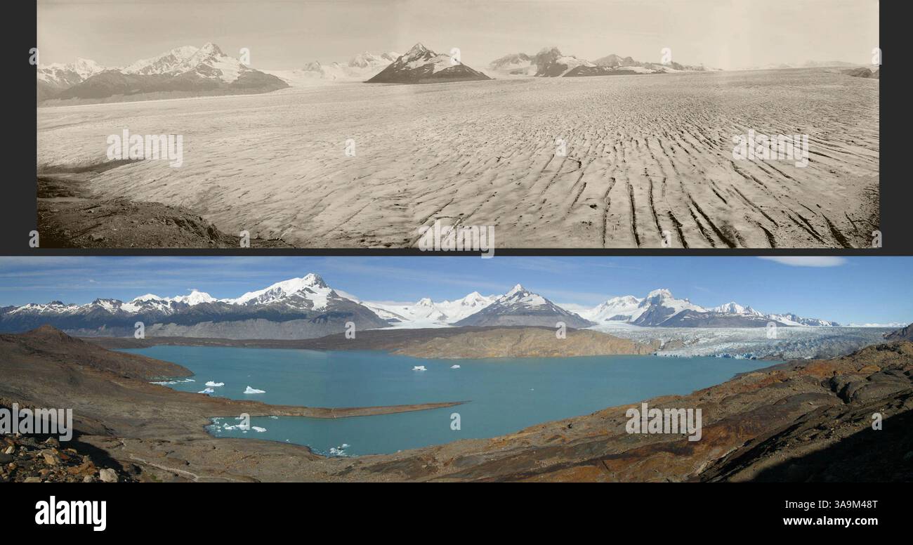 ul 07, 2008 - Calafate, Argentina - Ghiacciaio Perito Moreno nel Parque Nacional Los Glaciares a Calafate, Argentina. Un'enorme diga di ghiaccio sul ghiacciaio Perito Moreno in Argentina sta per rompersi per la prima volta durante l'inverno dell'emisfero meridionale. La parete di ghiaccio alta 60 metri che trattiene una parte del lago Argentina, si rompe nei cicli annuali ma sempre in estate. NELLA FOTO: Top: 1928 - Svalbard, Argentina - LOWER 18 gennaio 2004 - The Upsala Glacier. Documentazione sull'impatto climatico. Il ritiro dei ghiacciai dal 1850 è ben documentato ed è diventato un issu climatico sempre più importante Foto Stock