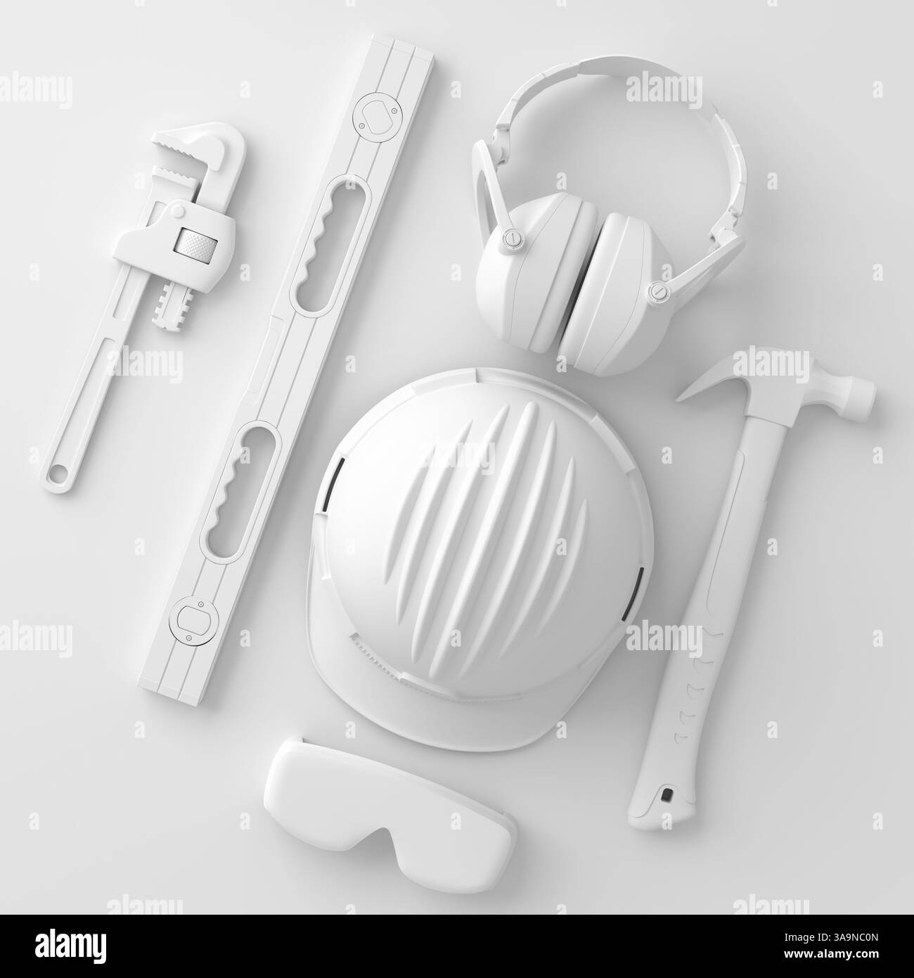 Vista dall'alto degli utensili da costruzione verdi per la riparazione e l'installazione su sfondo monocromatico. rendering 3d e illustrazione del banner di servizio per la prugna della casa Foto Stock