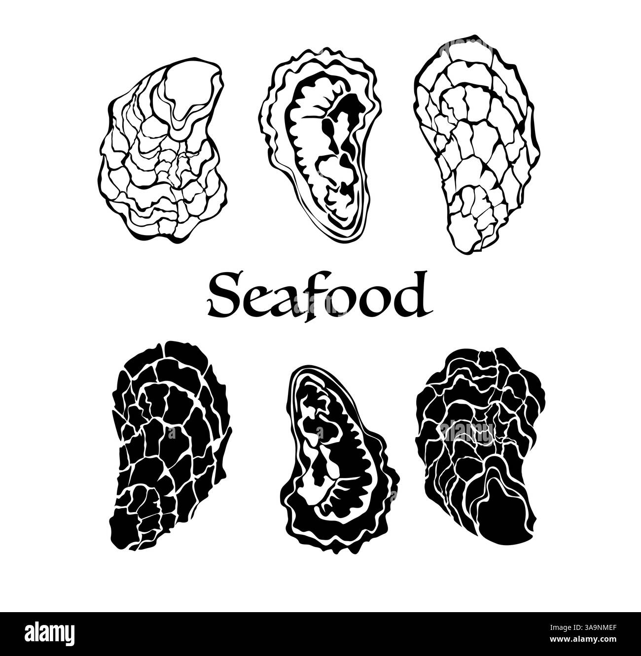 Set di conchiglie aperte disegnate artisticamente, isolate, sagomate e sagomate, delicate ostriche su sfondo bianco. Specialità di pesce. Illustrazione Vettoriale