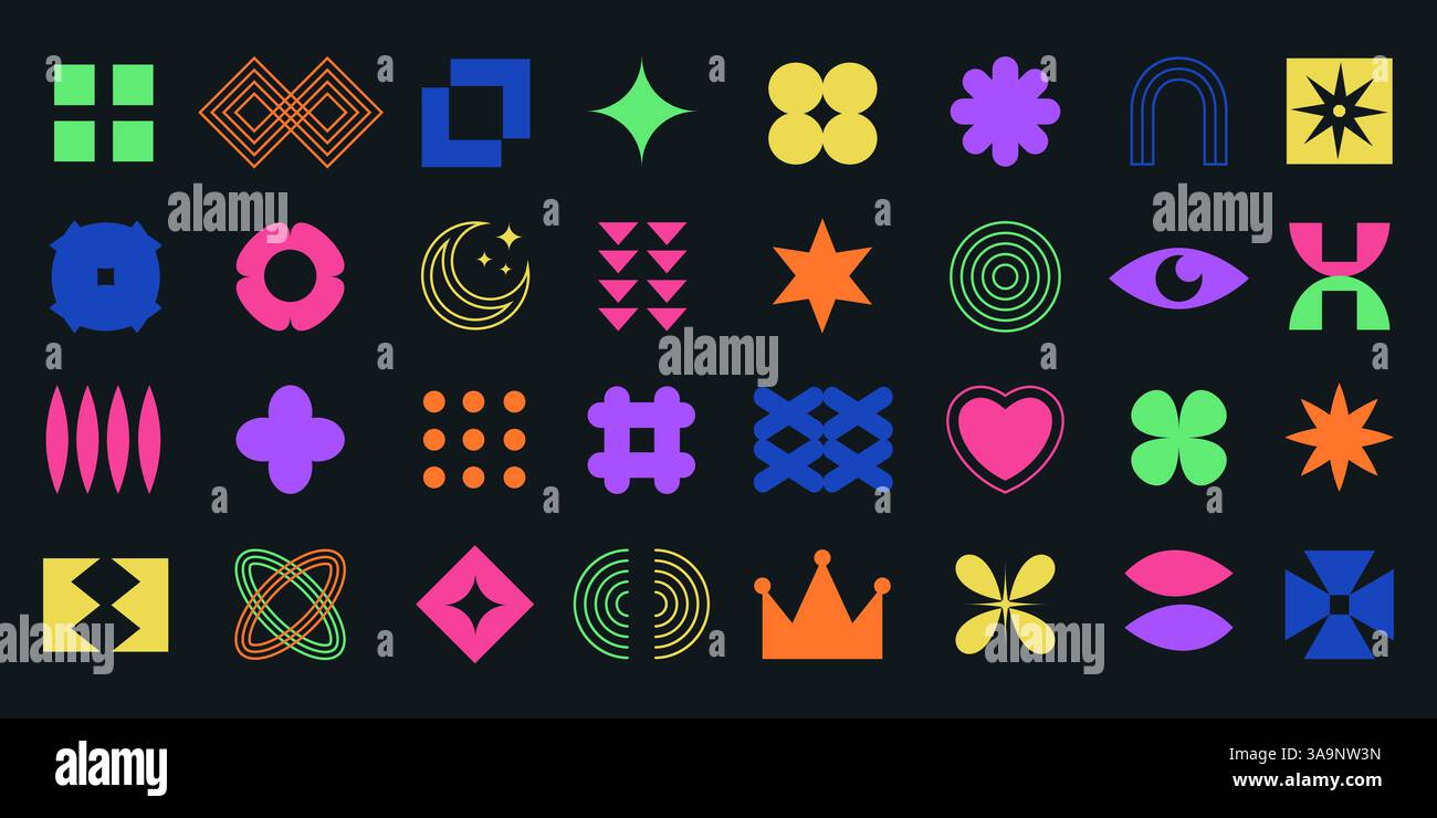 Set di forme geometriche astratte scanalate. Forme contemporanee dallo stile brutale, collezione di elementi dal design retrò y2k. Figure e forme geometriche minimali originali Illustrazione Vettoriale