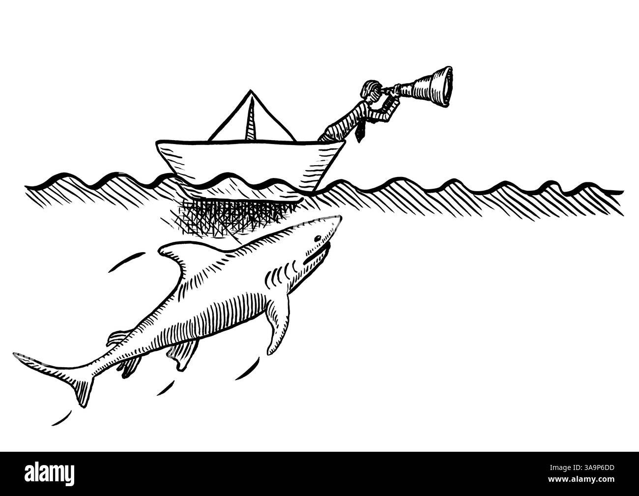 Disegno a penna a mano libera di un imprenditore che si sporge da una barca di carta per cercare opportunità attraverso una lente di ingrandimento, mentre un grande squalo si sta avvicinando Foto Stock