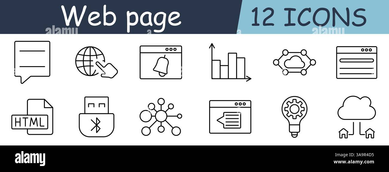 Icona del set di pagine Web. Chat, clic a mano, notifica, grafico, rete, documento, file, bluetooth, struttura, browser, idea, cloud Illustrazione Vettoriale