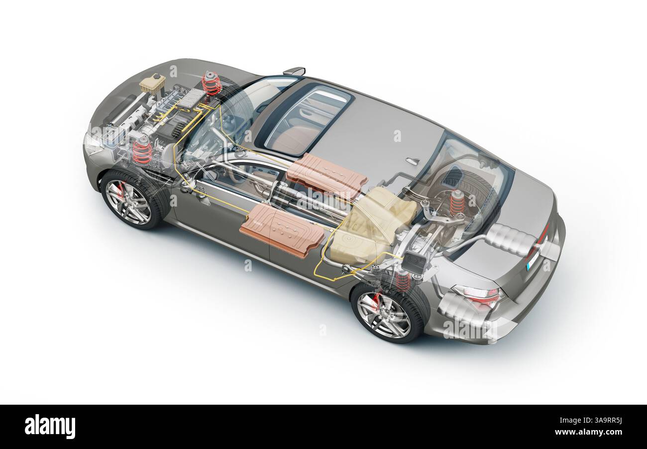 Rendering 3d in sezione tecnica per auto ibride generiche con tutti i dettagli principali del sistema del veicolo ibrido in effetto fantasma. Vista dall'alto in prospettiva su bianco Foto Stock