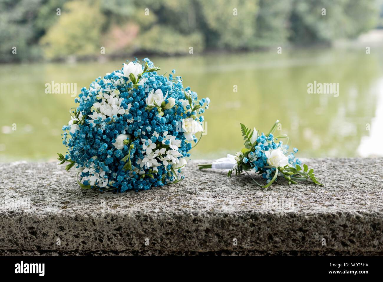 Bouquet nuziale blu e bianco e fiore all'occhiello su una panchina in un lago Foto Stock