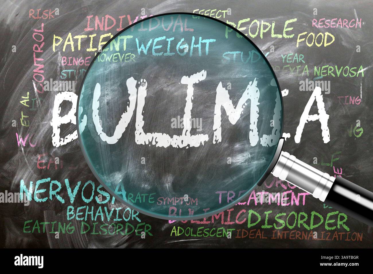 Bulimia in fase di studio, esame - sotto stretta ispezione. Gli argomenti e le idee più importanti strettamente correlati alla bulimia scritti su una lavagna ispezionano Foto Stock