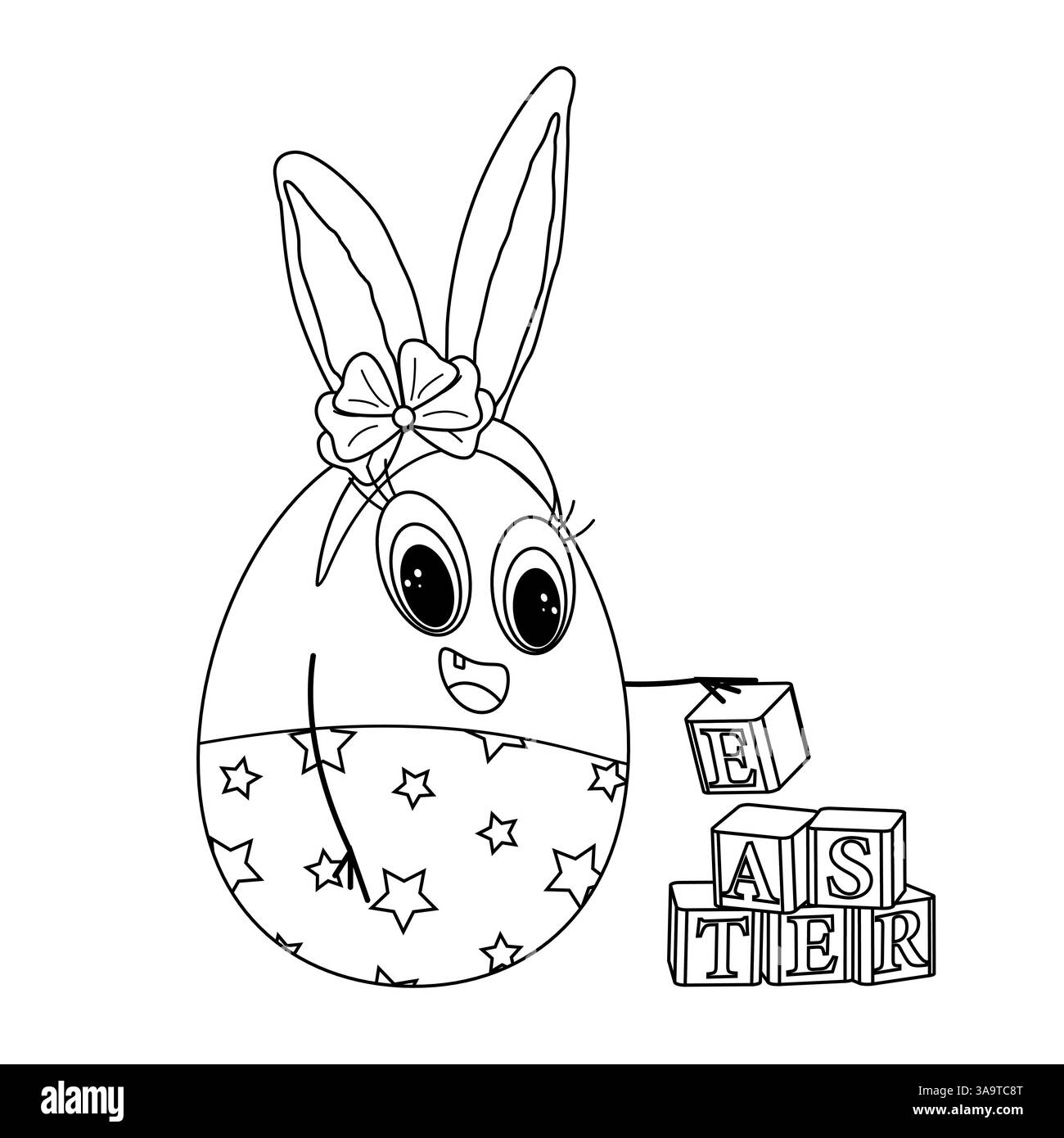 Pagina da colorare in bianco e nero con un simpatico personaggio antropomorfo della ragazza dell'uovo di Pasqua con orecchie conigliette e fiocco, che impilano cubi per bambini che scrivono LA PASQUA. Illustrazione Vettoriale