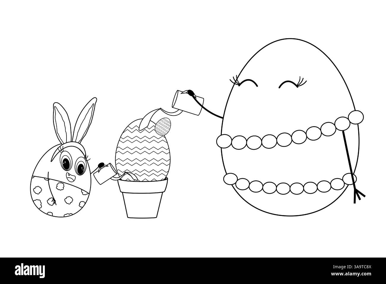 Pagina da colorare in bianco e nero a tema pasquale con adorabili personaggi antropomorfi delle uova di Pasqua di famiglia felici che innaffiano una pianta di cactus d'uovo in vaso. Illustrazione Vettoriale
