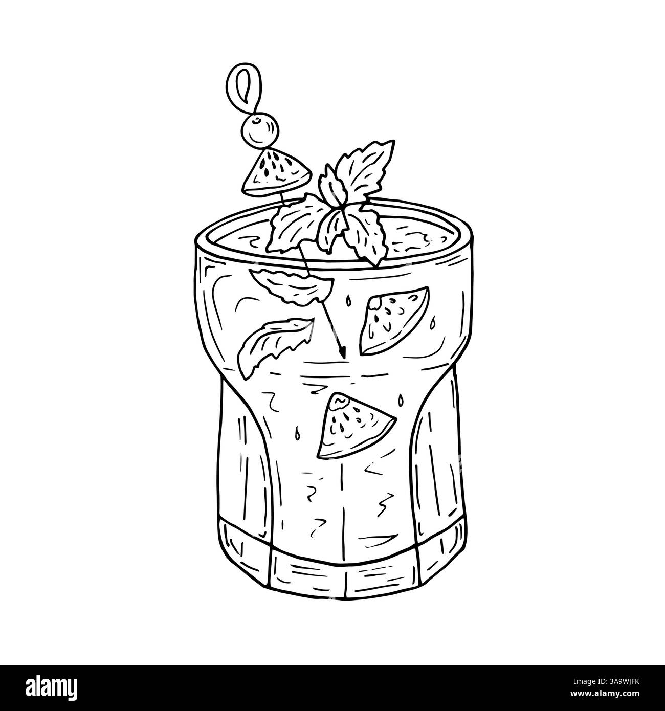 Detox bere in un elegante bicchiere con fette di frutta e foglie di menta, un cocktail con acqua dolce, un piatto dietetico. Illustrazione vettoriale in stile doodle. Design del menu del ristorante, pubblicità del bar Illustrazione Vettoriale