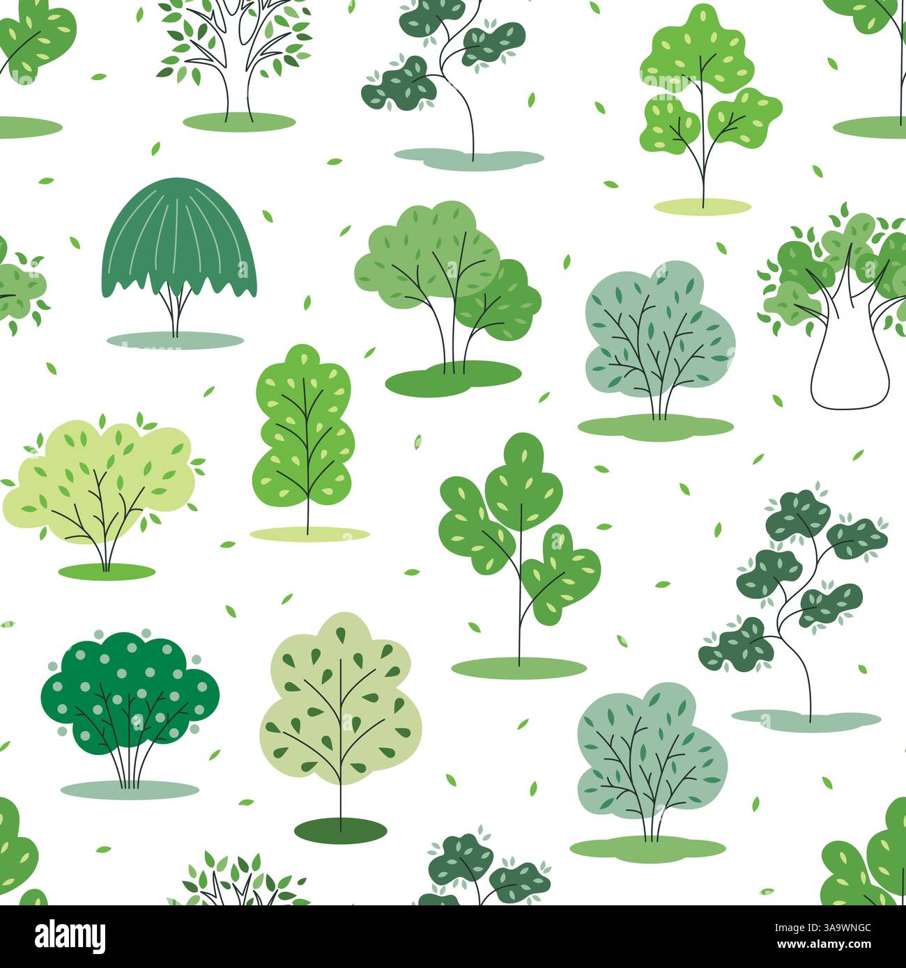 Schema senza cuciture di foreste decidue. Sfondo con alberi diversi con corona verde e fogliame. Stampa ecologica naturale, grafica vettoriale Illustrazione Vettoriale