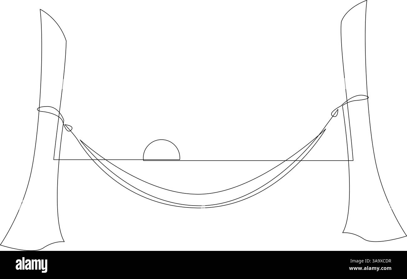 Disegno continuo di una linea di amaca appesa agli alberi con un tramonto sul mare sullo sfondo. Linea artistica minimalista e alla moda. Illustrazione Vettoriale