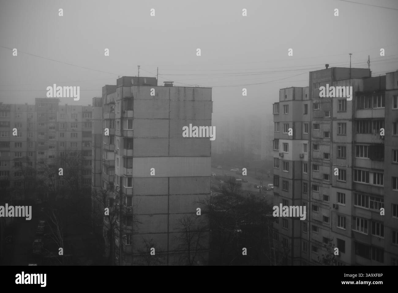 Foto in bianco e nero di edifici in nebbia Foto Stock