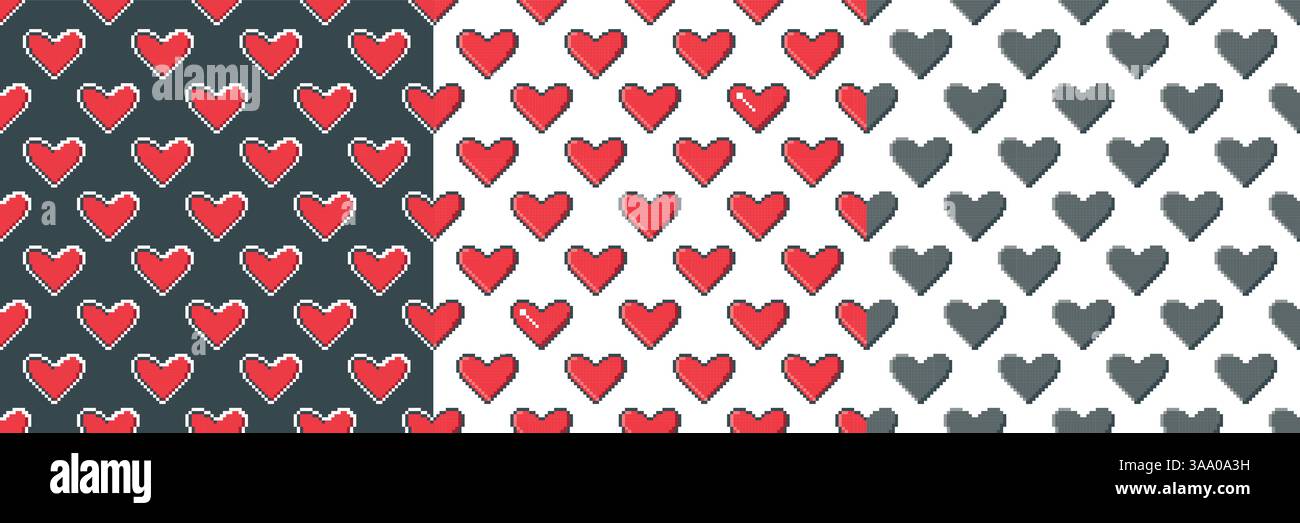 Set di cuori pixel art con pattern senza cuciture. Icona a forma di cuore rossa e nera, sfondo ripetuto. Stampa retro mosaico, grafica vettoriale Illustrazione Vettoriale