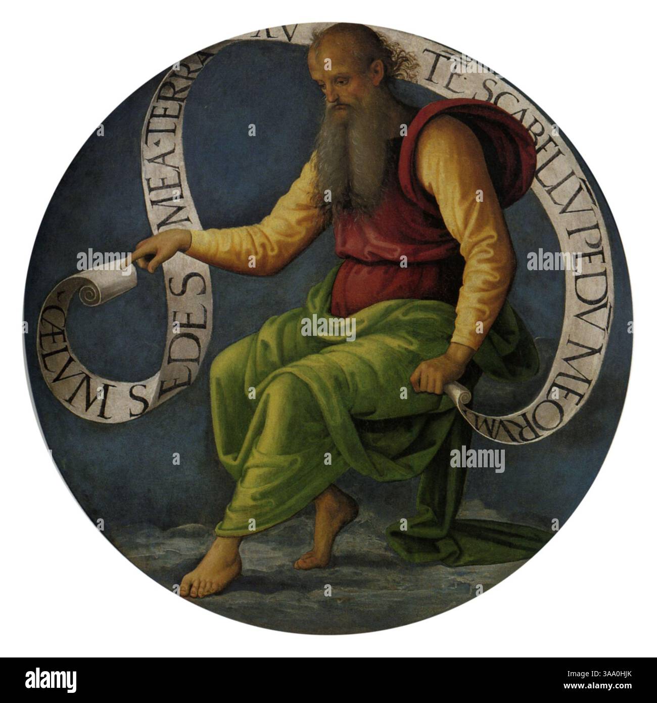 Tondo - Profeta Isaia dettaglio del polittico di San Pietro (in italiano: Polittico di San Pietro) è un polittico del maestro rinascimentale italiano Perugino, dipinto intorno al 1496-1500. I pannelli si trovano ora in diverse posizioni: La lunetta e il pannello centrale, raffigurante l'Ascensione di Cristo, si trovano nel Museo di Belle Arti di Lione, in Francia. Foto Stock