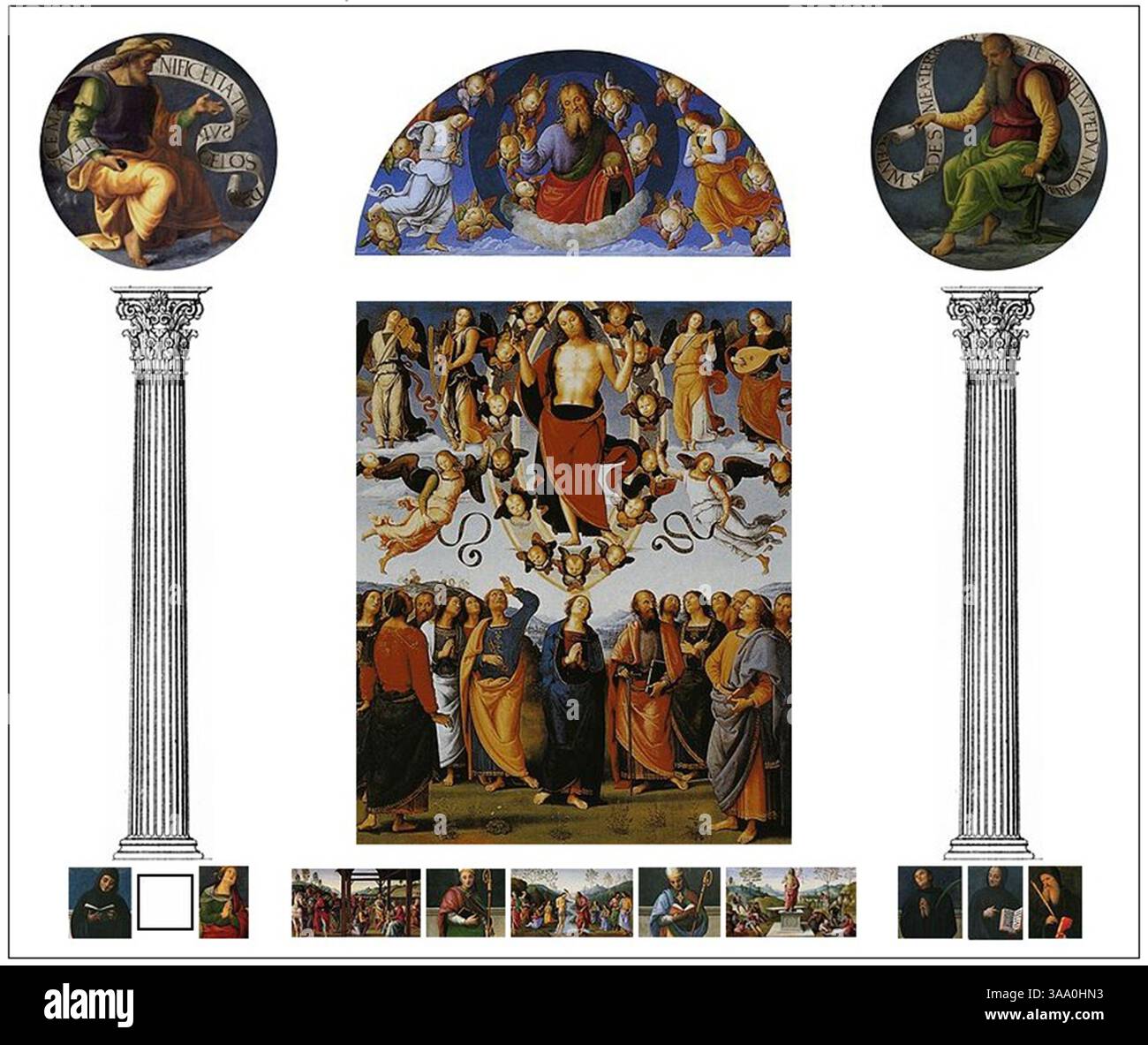 Il polittico di San Pietro è un polittico del maestro rinascimentale italiano Perugino, dipinto intorno al 1496-1500. I pannelli si trovano ora in diverse posizioni: La lunetta e il pannello centrale, raffigurante l'Ascensione di Cristo, si trovano nel Museo di Belle Arti di Lione, in Francia. Foto Stock