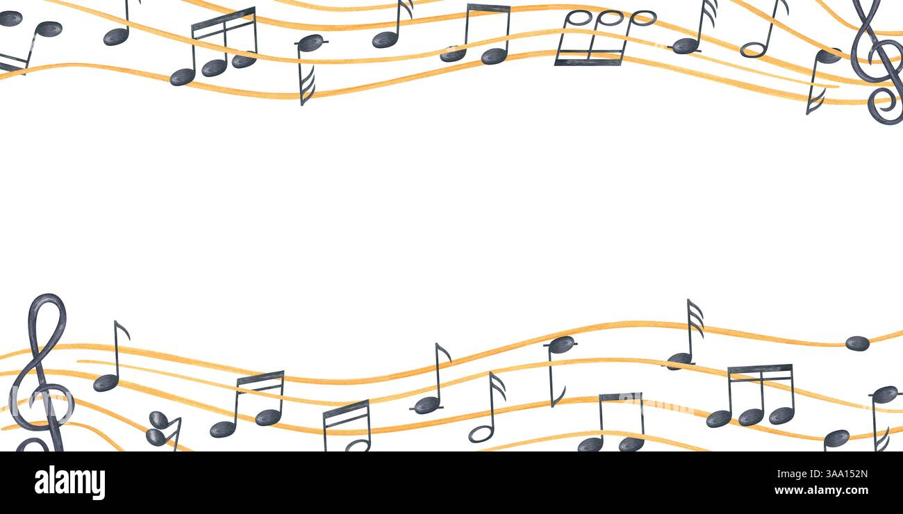 Note musicali nere acquerello sul bordo orizzontale della stave gialla con spazio vuoto per il testo. Simboli sonori fluttuanti sul telaio del personale grafico isolato Foto Stock
