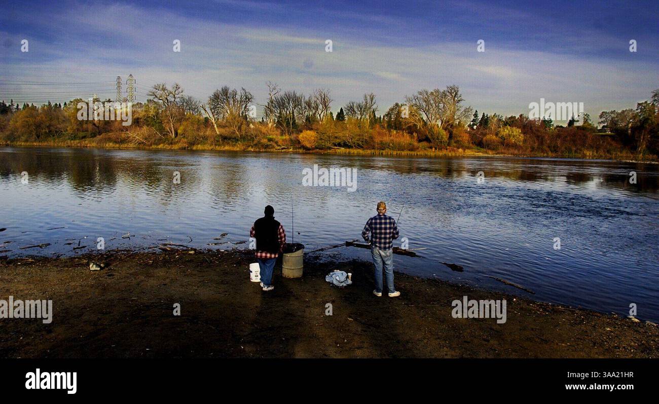 LEDE -- Anglers Frank Leslie, a sinistra (CQ) di Sacramento e Larry Christophel (CQ) di Sacramento, pesce di trota d'acciaio sul fiume americano, mercoledì 17 dicembre 2003. Il Department of Fish & Game aumenta i canoni di caccia e pesca nell'aumento più ampio in circa 16 anni. Molti pescatori sono disposti a pagare il prezzo per pescare anche se sarà 0 il prossimo anno. Molti si chiedono dove vanno i fondi e se la pesca ne trarrà beneficio. Christophel, che è anche un cacciatore di fagiani, ha detto che va bene con i prezzi più alti, ma solo se tutti i soldi miglioreranno la pesca e.. Foto Stock