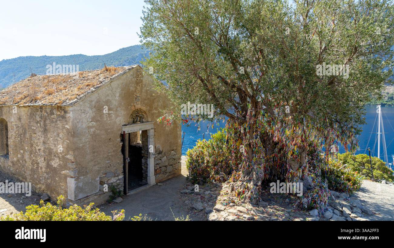 Rovine della chiesa bizantina sull'isola Camellia nel Mar Egeo, Turchia. Olivo dei desideri. Gite in barca nel Mar Egeo. Isola selvaggia abbandonata. Foto Stock
