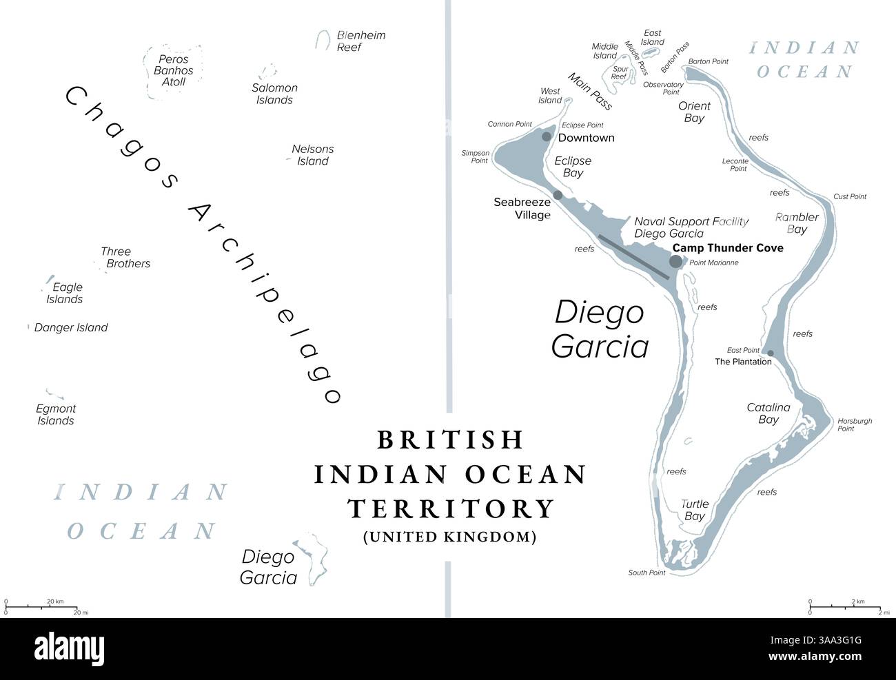 Territorio britannico dell'Oceano Indiano, BIOT, mappa politica grigia. Atolli dell'arcipelago Chagos nell'Oceano Indiano con la più grande isola Diego Garcia. Foto Stock