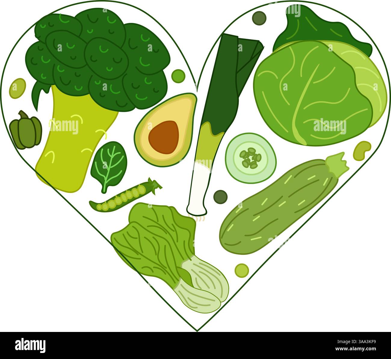 Cuore di verdure composizione vettoriale piatta. Sfondo dell'illustrazione del vettore di alimenti sani. Ideale per menu, pacchetti, cosmetici, tessuti, carte mangiate verde Illustrazione Vettoriale