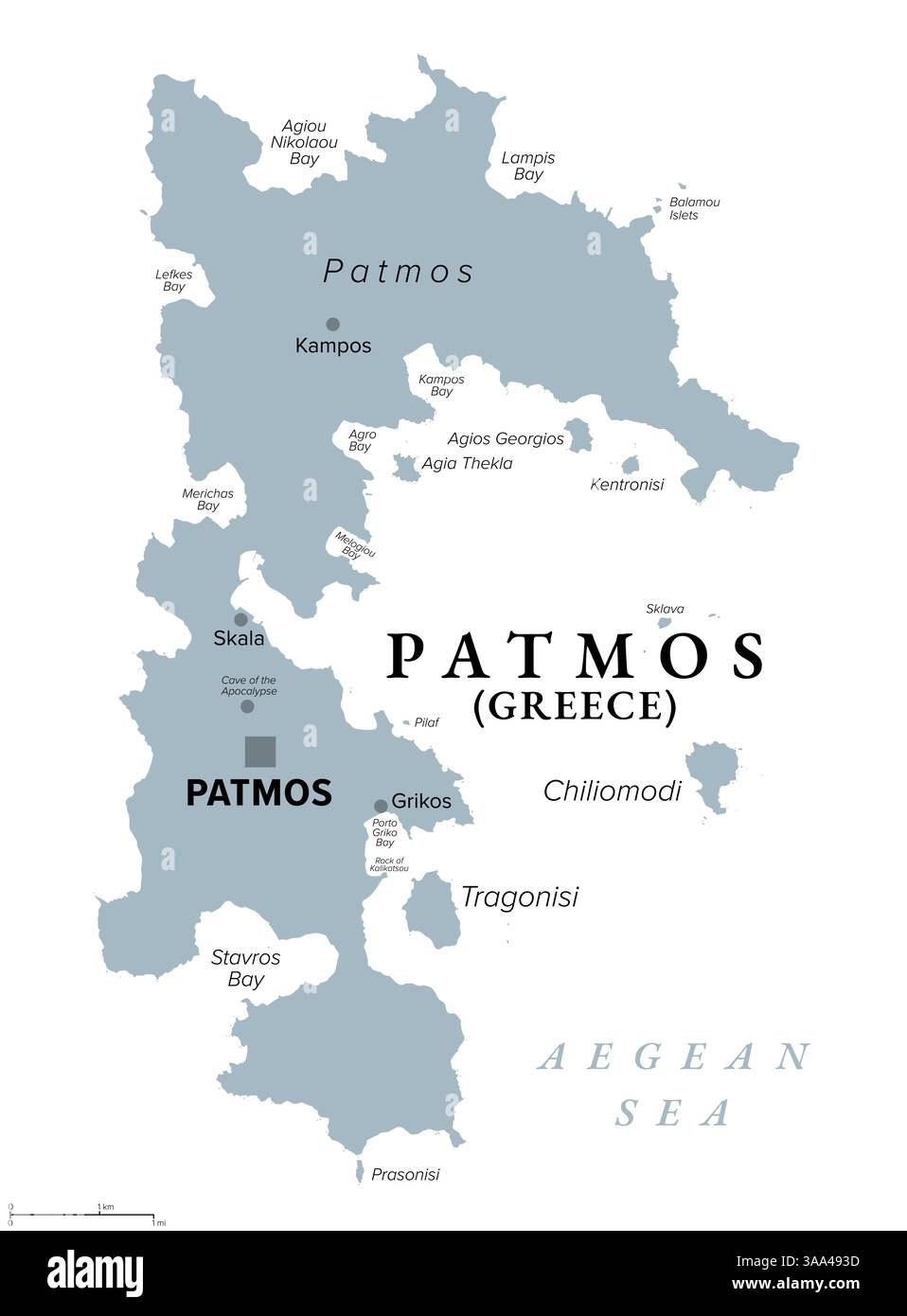 Patmos, isola greca, mappa politica grigia. Isola di Grecia nel Mar Egeo, parte del Dodecaneso. Qui Giovanni di Patmos ricevette le sue visioni. Foto Stock