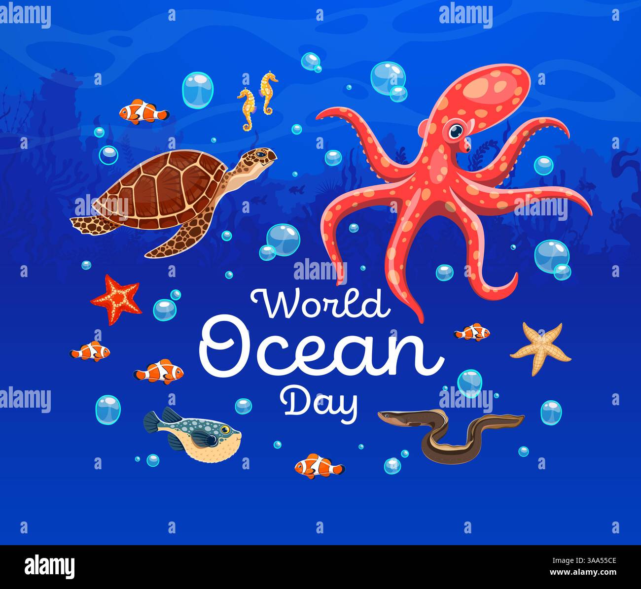 Bandiera della giornata mondiale degli oceani con divertenti pesci e animali subacquei, natura vettoriale del mare. Giornata Mondiale degli oceani per la conservazione dell'ecologia della natura marina e della barriera corallina o per la protezione dell'ambiente della fauna oceanica Illustrazione Vettoriale