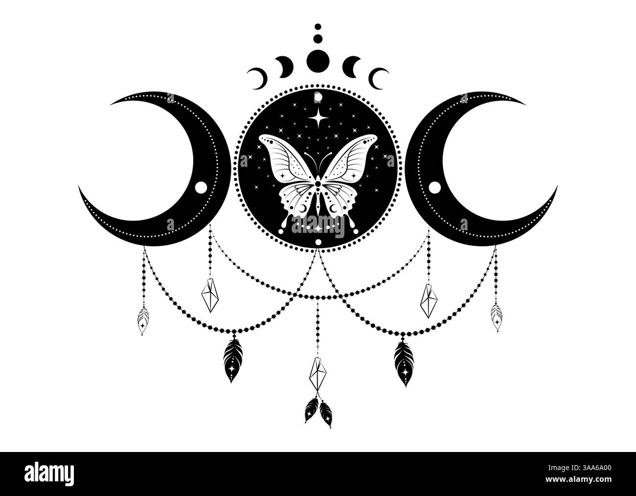 Triple Goddess Mystical Moon Phases e logo sacro a farfalla. Simbolo Wiccan in stile Boho. Magico clipart celeste di yoga, spa, salone di bellezza Illustrazione Vettoriale