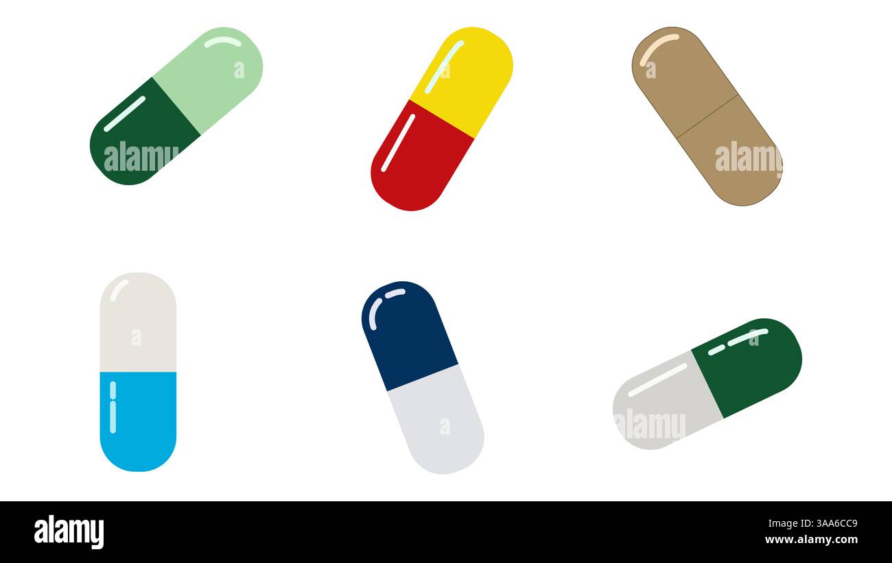 Una serie di pillole isolate su bianco. Collezione colorata di capsule mediche. Illustrazione Vettoriale