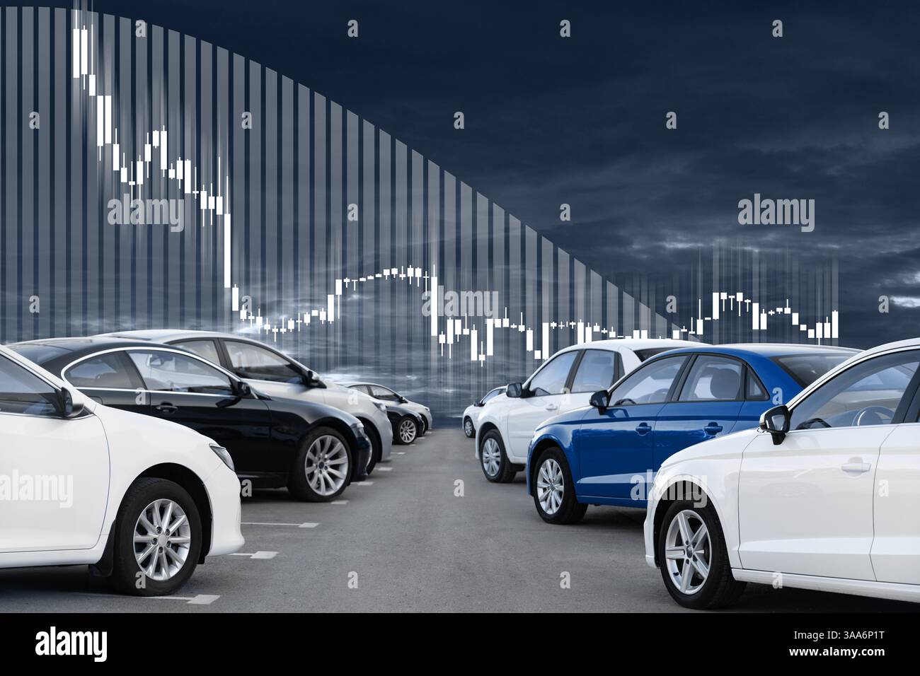 Inserire un grafico sullo sfondo delle auto. Un simbolo della crisi dell'industria automobilistica. Foto Stock
