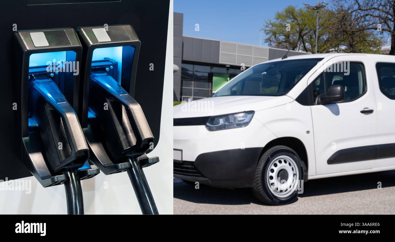 Furgone elettrico con stazione di ricarica per veicoli elettrici. Foto Stock