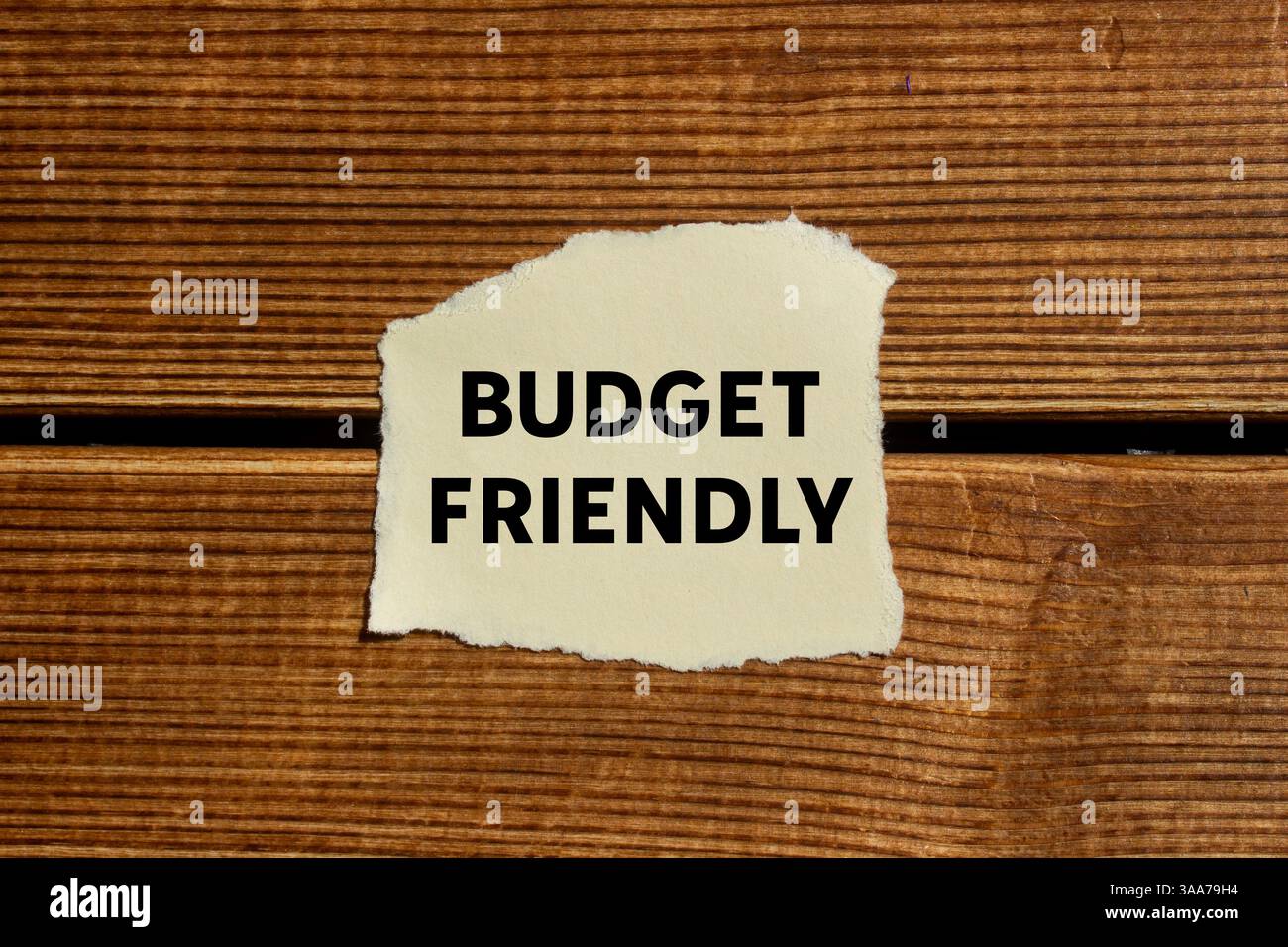 Messaggio economico scritto su carta strappata su sfondo di legno. Simbolo di budget concettuale. Copia spazio. Foto Stock