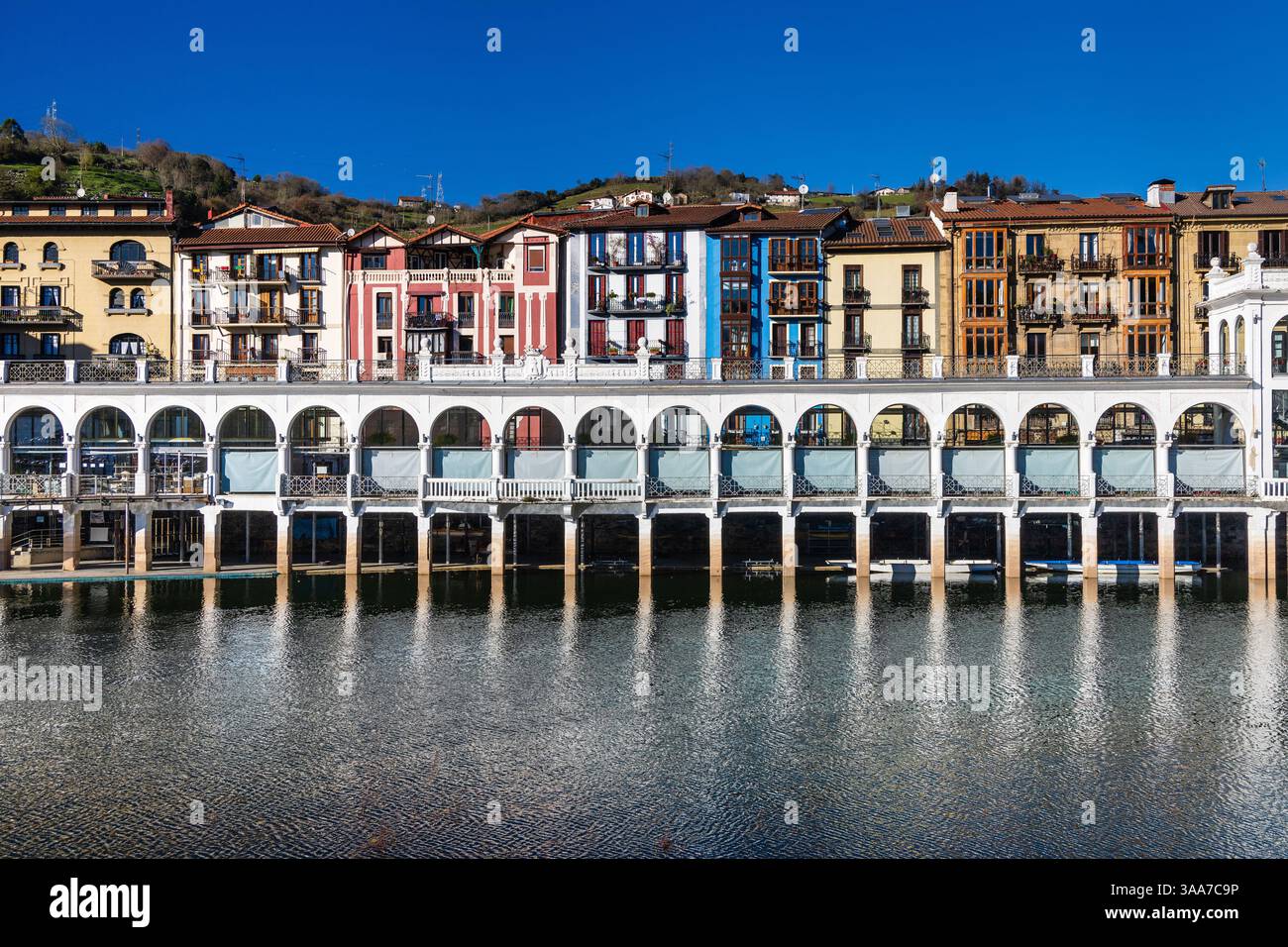 Vista del complesso architettonico del mercato di Tinglado, del fiume Oria e delle case circostanti in una giornata di sole. Tolosa, Guipúzcoa, Paesi Baschi, Spagna. Foto Stock