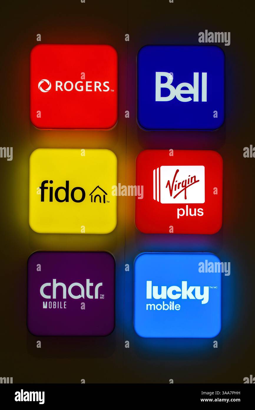 Un gruppo di loghi di società di telecomunicazione, Toronto, Canada Foto Stock