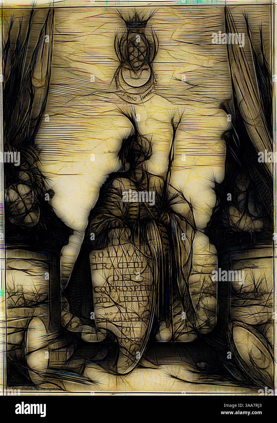 Una figura regale siede su un trono, fiancheggiato da due maestosi leoni. La scena è piena di intricati motivi e texture, creando un'atmosfera mistica. Sopra la figura, una corona celeste si libra, aggiungendo una qualità eterea alla composizione. I dettagli testuali suggeriscono una presenza antica e potente., arte classica con un tocco moderno reinventata da Artotop, basata sul frontespizio, di Solimano, pubblicato nel 1620, Jacques Callot, francese, 1592-1635, Francia, incisione e sbavatura su carta, 194 x 135 mm (immagine/foglio, taglio all'interno del contrassegno della piastra) Foto Stock