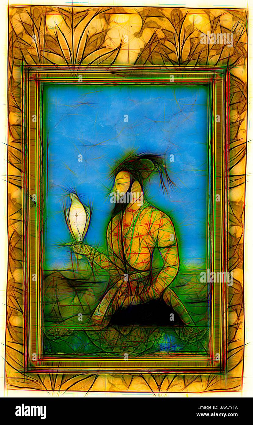 Una figura vestita con abiti tradizionali si siede serenamente, tenendo in mano uno strumento musicale. Un uccello bianco si trova nelle vicinanze, circondato da tonalità vivaci e intricati motivi che evocano un senso di armonia e tranquillità all'interno di un paesaggio lussureggiante. Arte classica con un tocco moderno reinventata da Artotop, basata sul Ritratto del Principe Azam Shah, periodo Mughal, fine XVII/inizio XVIII secolo, India, Deccan, India, acquerello opaco e oro su 1/2 carta, immagine: 21,8 x 13,4 cm (8 5/8 x 5 1/4 pollici), bordo esterno: 3/4 x 16,5 cm (24,8 cm. 31,3 x 19,4 cm (1/8 x 5/8 pollici) Foto Stock