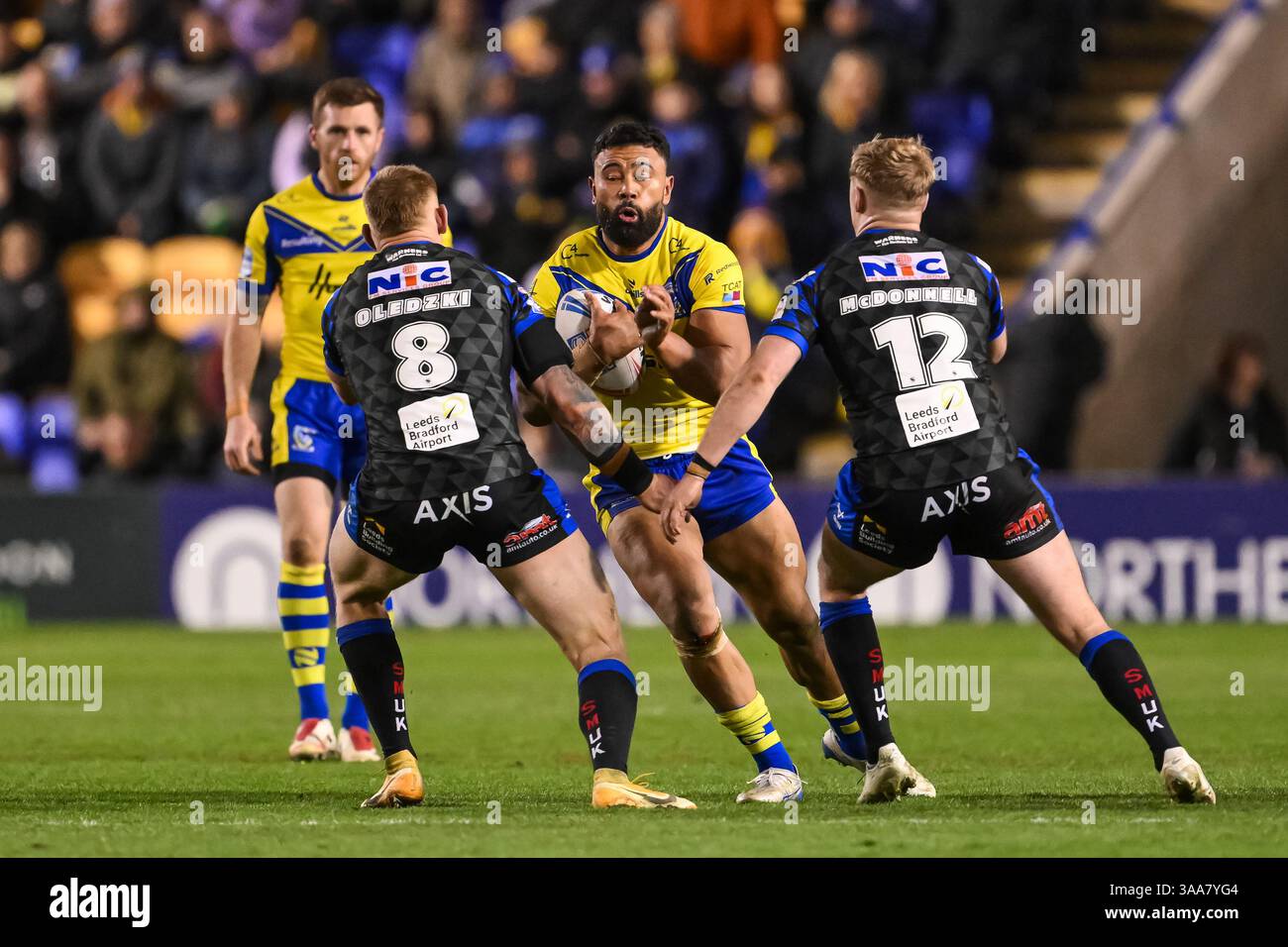WARRINGTON, INGHILTERRA - 28 MARZO 2025: Zane Musgrove dei Warrington Wolves in azione durante il Betfred Super League Round 6 Warrington Wolves contro Leeds R. Foto Stock