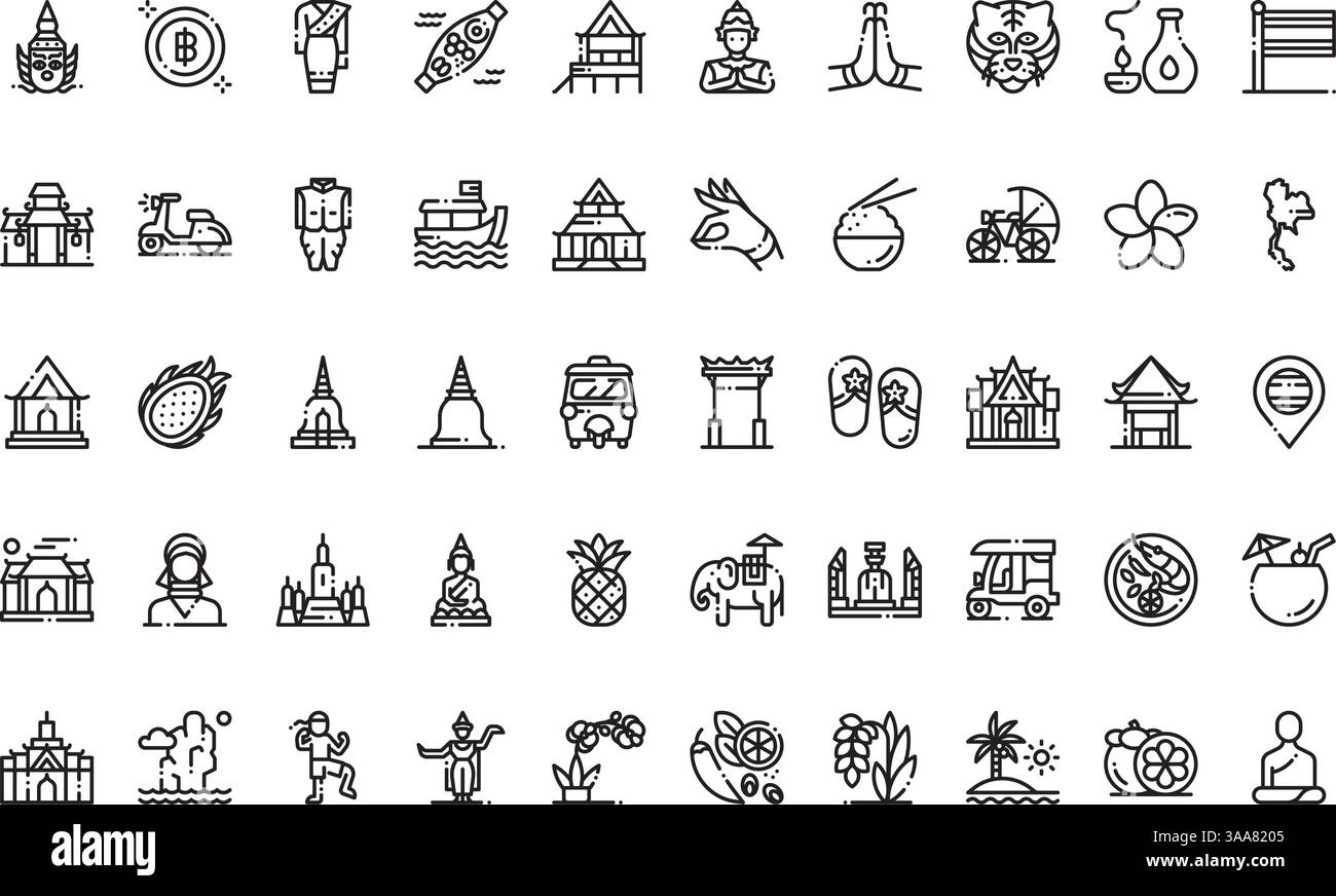 Icone della Thailandia Collezione di icone vettoriali ad alta qualità con tratto modificabile. Ideale per progetti professionali e creativi Illustrazione Vettoriale