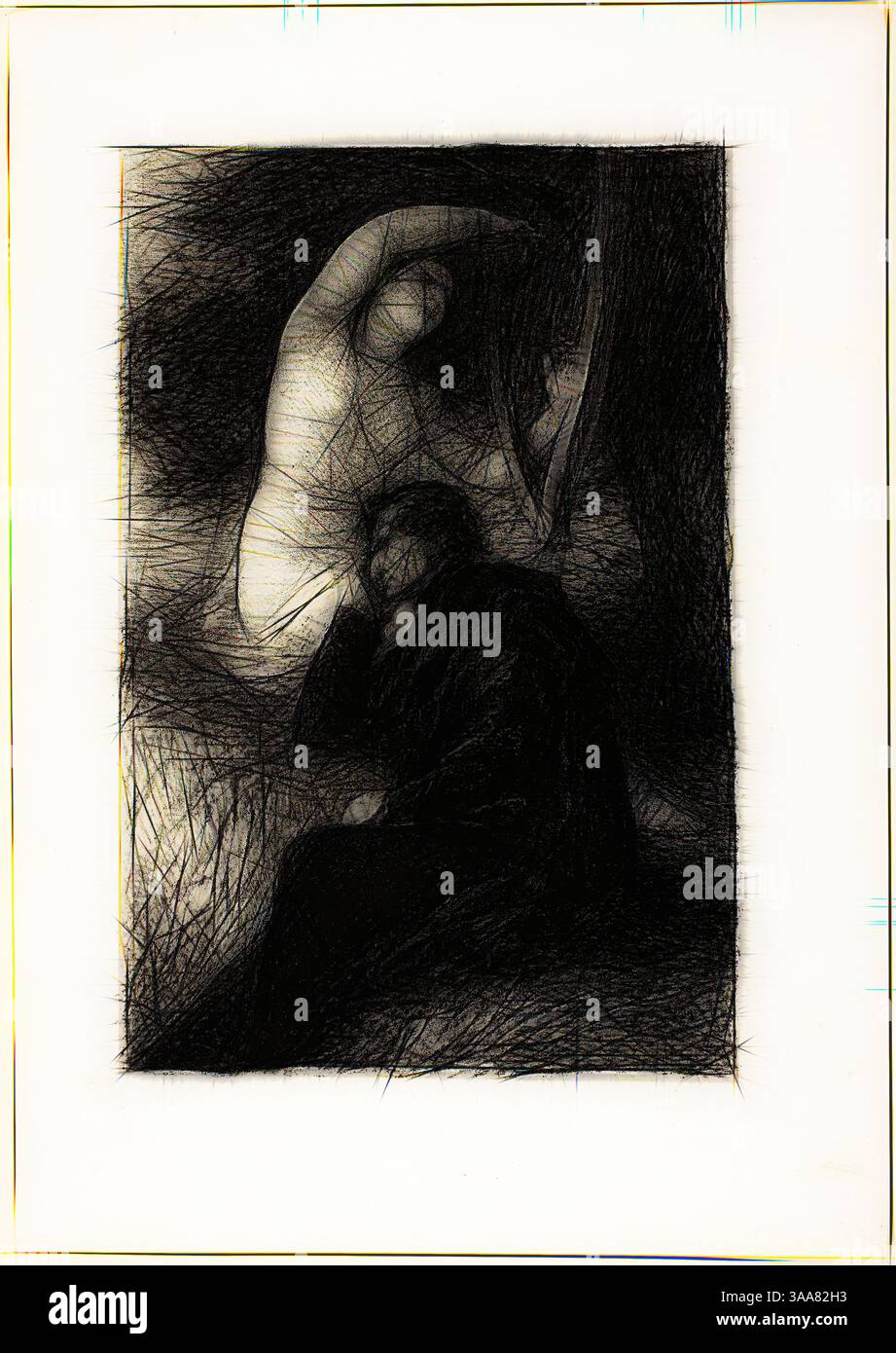 Una figura in un mantello scuro appare contemplativa, seduta con la testa piegata, mentre una forma spettrale ed eterea si libra sopra, apparentemente riflettendo sulla scena con una mano sollevata verso lo spettatore. Il contrasto tra le due figure suggerisce temi di riflessione e introspezione in uno sfondo astratto., arte classica con un tocco moderno reinventata da Artotop, basata su Lélio: L'arpa eolica, da Hector Berlioz, sa vie et ses oeuvres, 1888, Henri Fantin-Latour, francese, 1836-1904, Francia, litografia in carta nera su carta bianca cinese, stilata su carta bianca (chine collé), 231 x 151 mm Foto Stock
