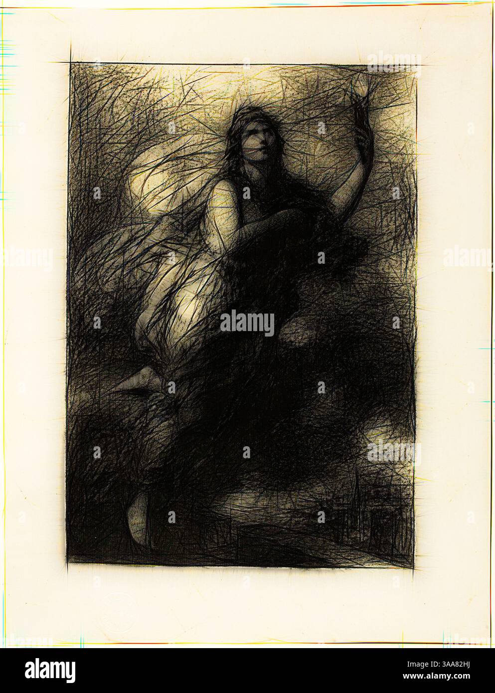 Una figura misteriosa con le ali si libra con grazia, circondata da nuvole scure e vorticose. La sua espressione è premurosa mentre si avvicina verso l'alto, evocando un senso di incanto e di bellezza eterea. La scena trasmette un'atmosfera da sogno, mescolando elementi di fantasia e intrighi., arte classica con un tocco moderno reinventata da Artotop, basata su Liberty, 1890, Henri Fantin-Latour, francese, 1836-1904, Francia, litografia in nero su carta posata grigia, 222 x 153 mm (immagine), 282 x 216 mm (foglio) Foto Stock