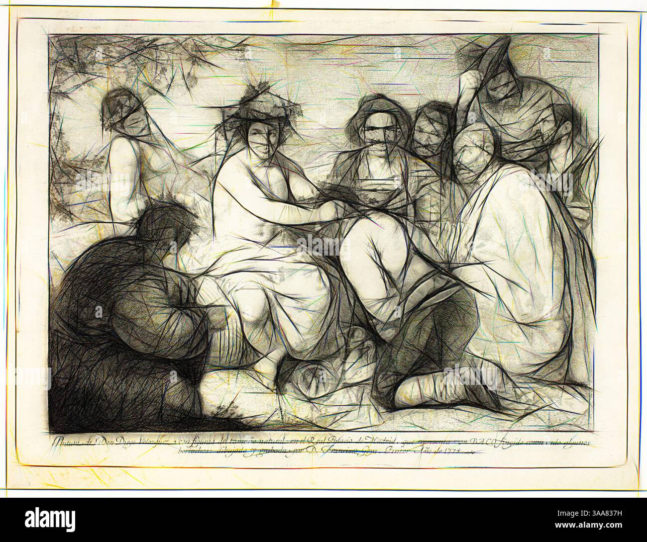 Un gruppo di figure è riunito da vicino, impegnato in un'intensa conversazione o deliberazione. Le espressioni e le posture suggeriscono una scena di significato o conflitto, con una figura al centro che commette attenzione mentre altri si appoggiano, alcuni appaiono tesi e altri contemplativi. L'ambiente circostante suggerisce un ambiente senza tempo, che esalta il senso di gravità del momento., arte classica con un tocco moderno reinventata da Artotop, basata sui Drunkards, 1778, Francisco José de Goya y Lucientes (spagnolo, 1746-1828), dopo Diego Velázquez (spagnolo, 1599-1660), Spagna, incisione con engr Foto Stock