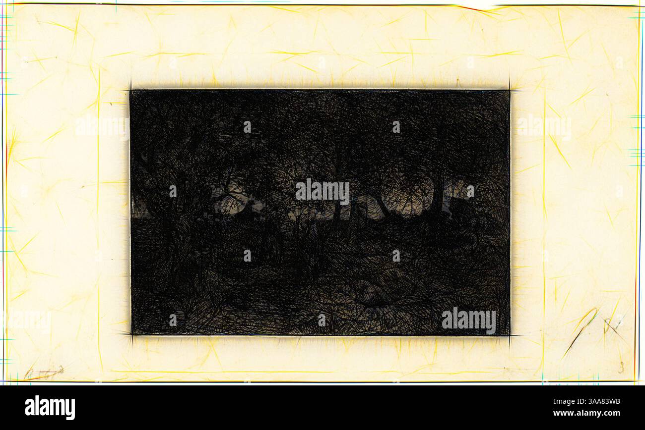 Un paesaggio ombroso presenta fitte foglie e forme indistinte, creando un'aria di mistero e intrigo. Texture e contorni sottili suggeriscono elementi nascosti all'interno della scena, invitando l'immaginazione dello spettatore ad esplorare le profondità dell'ambiente circostante., arte classica con un tocco moderno reinventata da Artotop, basata su in the Forest, 1844, Charles Émile Jacque (francese, 1813-1894), After Théodore Rousseau (francese, 1812-1867), Francia, incisione su carta tessuta panna, 67 x 103 mm (immagine), 85 x 121 mm (lastra), 103 x 172 mm Foto Stock