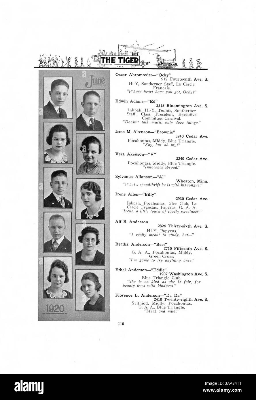 Il South High Yearbook del 1920 serve come record storico delle attività studentesche e delle facoltà durante l'anno scolastico 1919-1920, tra cui squadre sportive, club e coinvolgimento degli studenti afroamericani nella cultura della scuola. Foto Stock