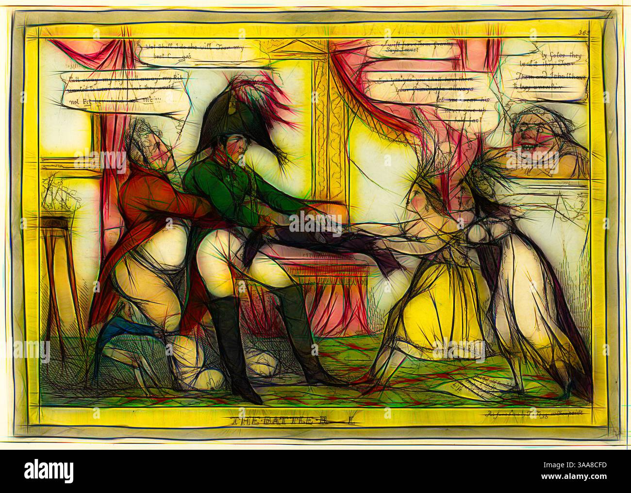 Una scena teatrale raffigura un confronto drammatico tra tre figure, vestite con abiti storici militari e reali, adagiate su uno sfondo ornato. I personaggi esprimono emozioni esagerate, con bolle di dialogo che suggeriscono uno scambio acceso, mentre una quarta figura osserva dallo sfondo. L'interazione di colori crea un'atmosfera vibrante ma caotica, aumentando la tensione del momento., arte classica con un tocco moderno reinventata da Artotop, basata sulla Battaglia R—L, pubblicata il 3 giugno 1816, attribuita a William Heath (inglese, 1794-1840), pubblicata da Thomas Tegg (inglese, 1776 Foto Stock