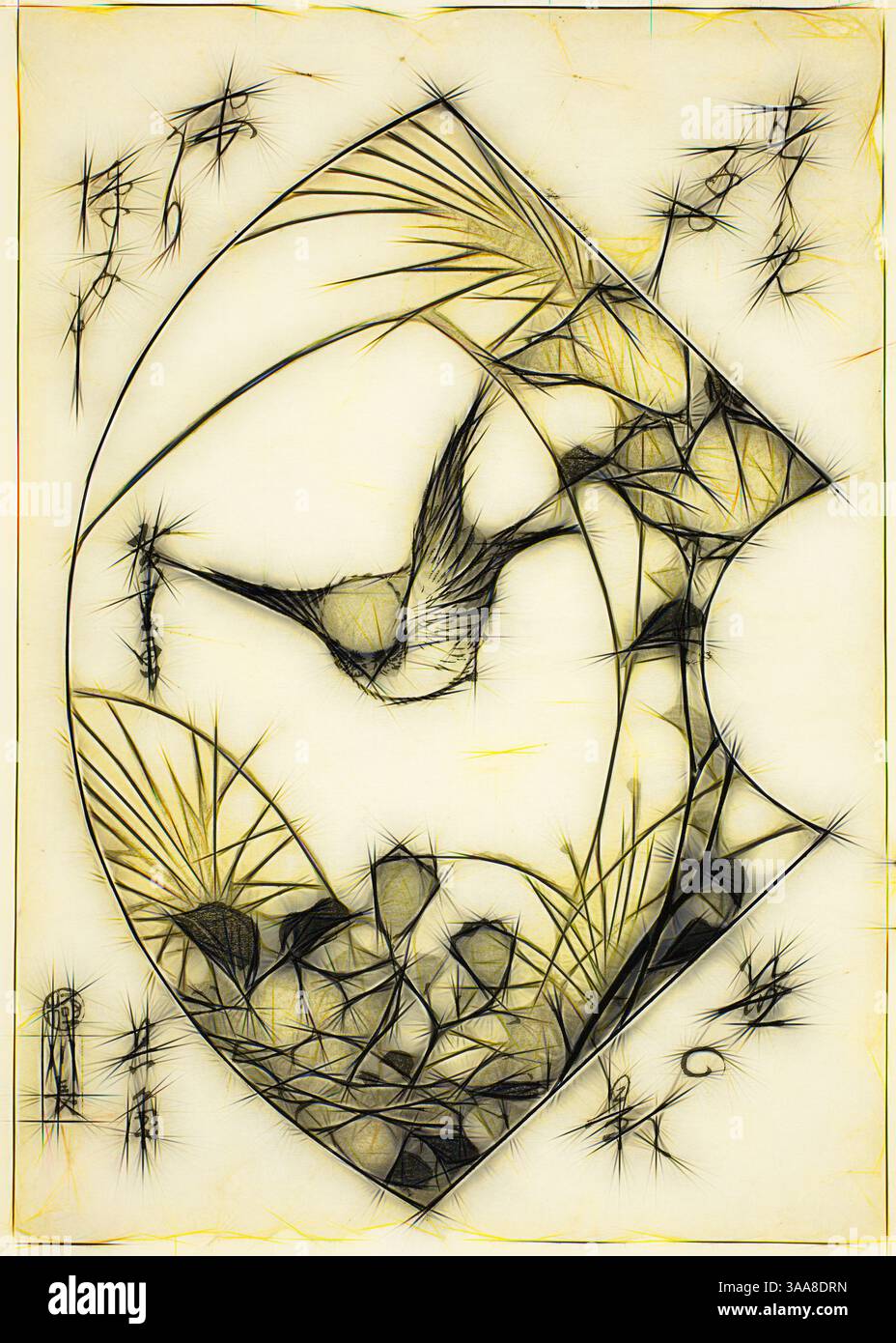 Un delicato uccello si libra tra un fogliame intricato, circondato da linee fluide e forme astratte che suggeriscono movimento e grazia. La composizione fonde elementi naturali con un tocco artistico stilizzato, creando un equilibrio armonioso tra la figura aviaria e il suo ambiente., arte classica con un tocco moderno reinventata da Artotop, basata su Fiore d'autunno e passero, c. 1835, Utagawa Hiroshige 歌川 広重, giapponese, 1797-1858, editore: Kawa-Cho, giapponese, sconosciuto, Giappone, stampa su blocchi di legno, koban, 24 x 16,8 cm (9 3/8 x 6 1/2 poll.) Foto Stock